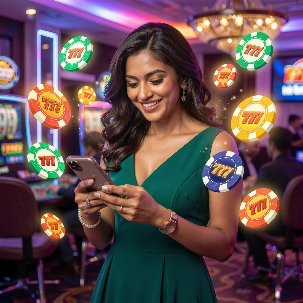 Stylish Bangladeshi woman relaxing at a casino table while using the 188BD app with glowing poker chips and slot symbols around her