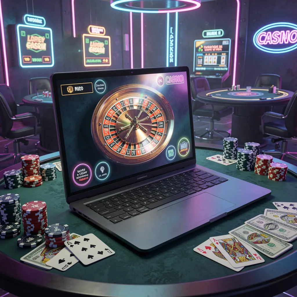 Stylish laptop displaying a vibrant online roulette wheel surrounded by casino chips and cash representing premium gaming at 188BD for Bangladesh players