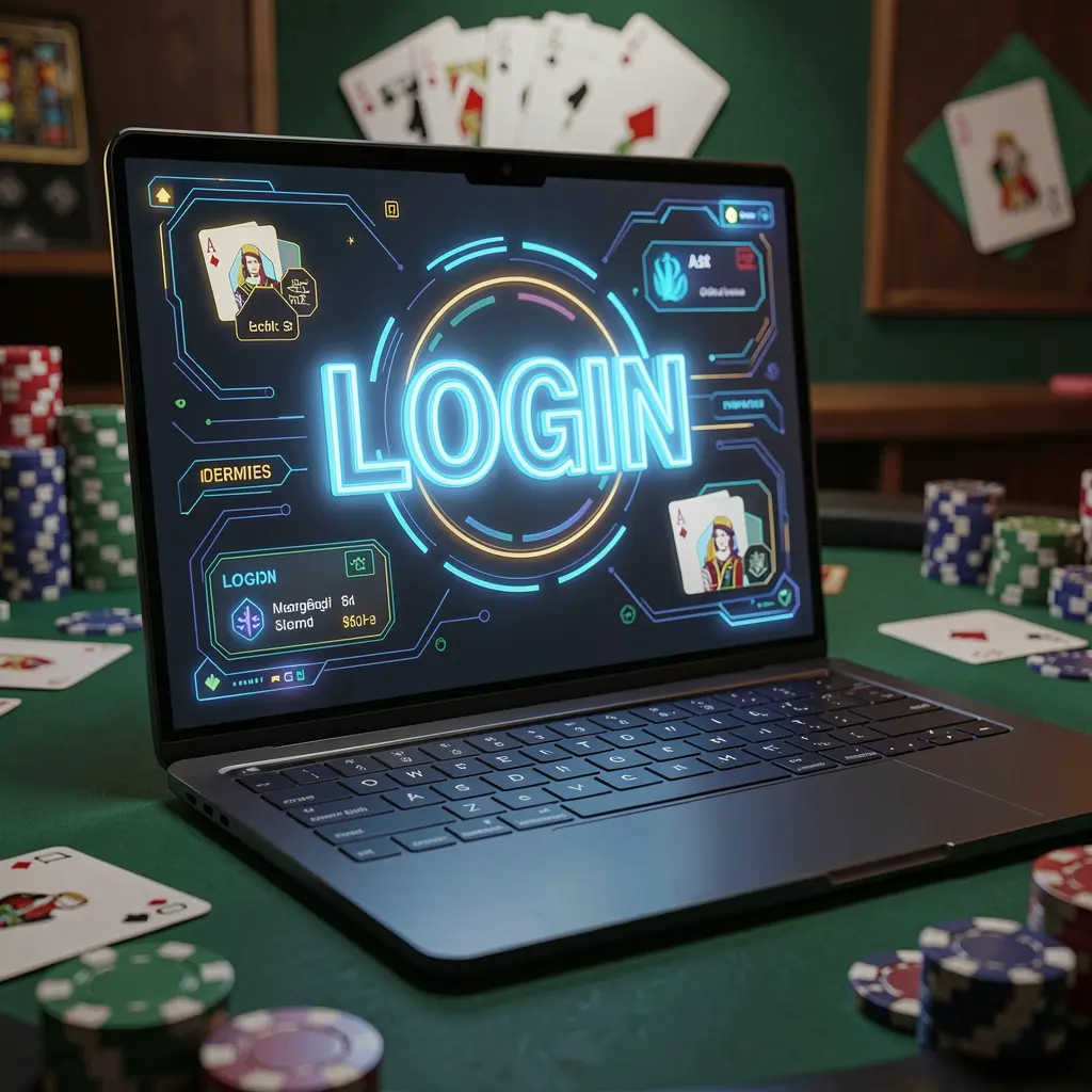 Modern laptop with a glowing login interface surrounded by blurred casino chips and cards representing secure access to 188BD in Bangladesh