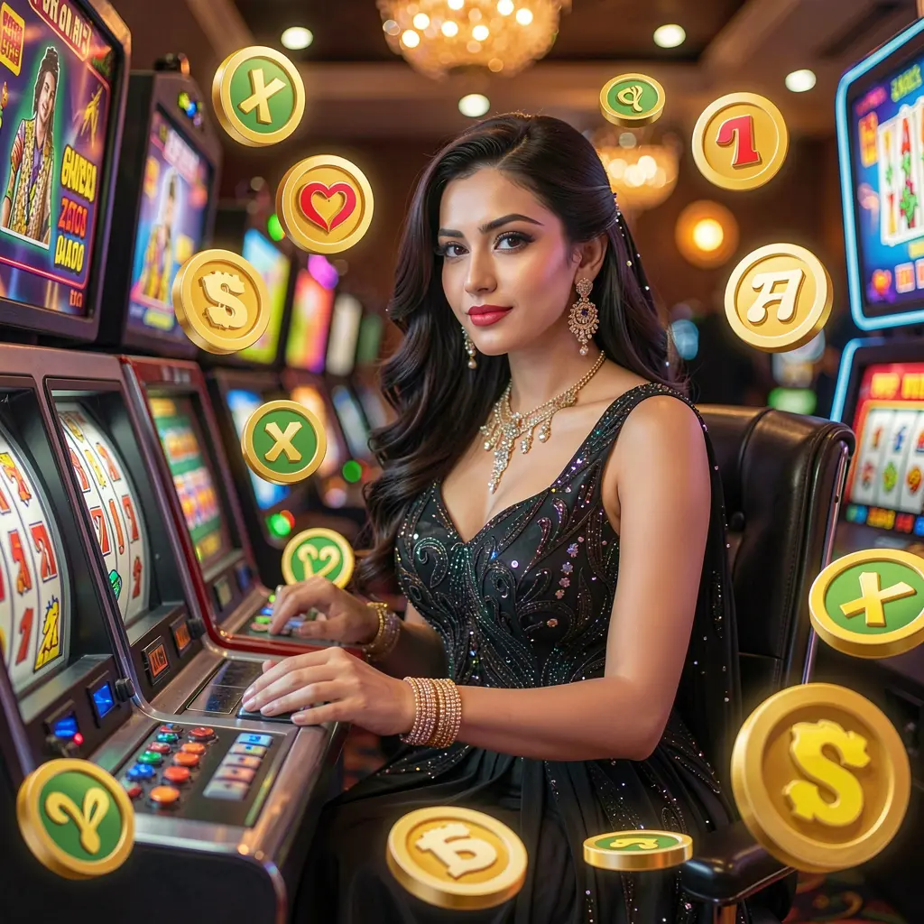 Elegant woman in a sparkling dress surrounded by glowing slot symbols representing premium online casino gaming at 188BD Bangladesh